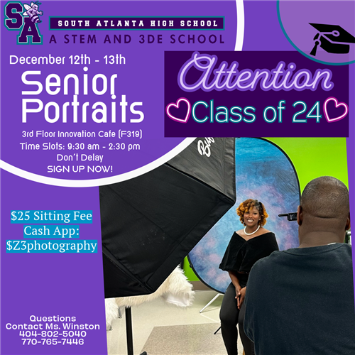 December 2023 Senior Portraits are Dec. 12th-13th. Time slots are from 9:30 am to 2:30 pm.  